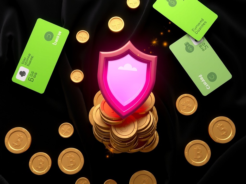 Payment cards and a security shield above a stack of gold coins at Diwa Play